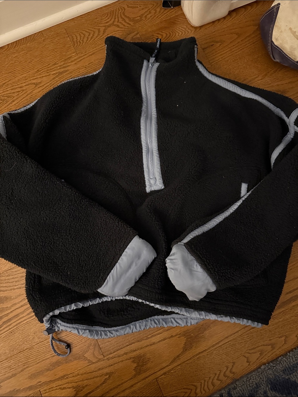 Free People Black Puffer-Style Fleece Pullover with Light Gray Trim